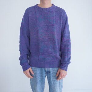 Vintage Boundary Waters Purple Blue 3D Eclectic Grandpa Knit Crewneck Sweater XL